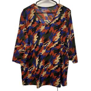 Ulla Popken Tunic Top Shirt  V Neck Cotton 16 18 Colorful Camo Print 3/4 Sleeve